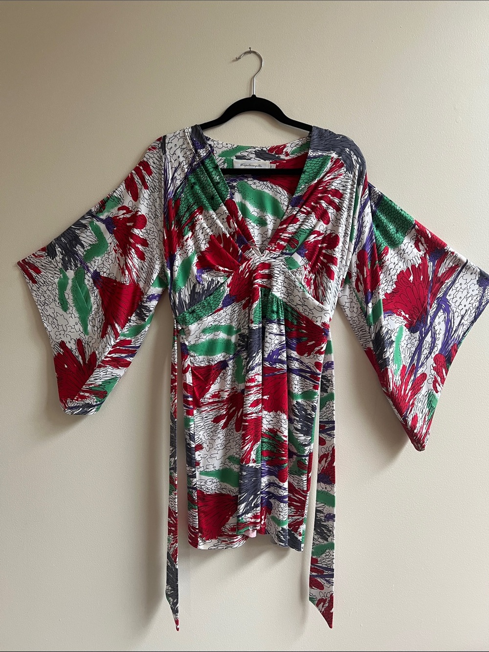 T-Bags Multicolor Floral Kimono Mini Dress V neck Long sleeve Empire waist CUTE - Picture 14 of 16
